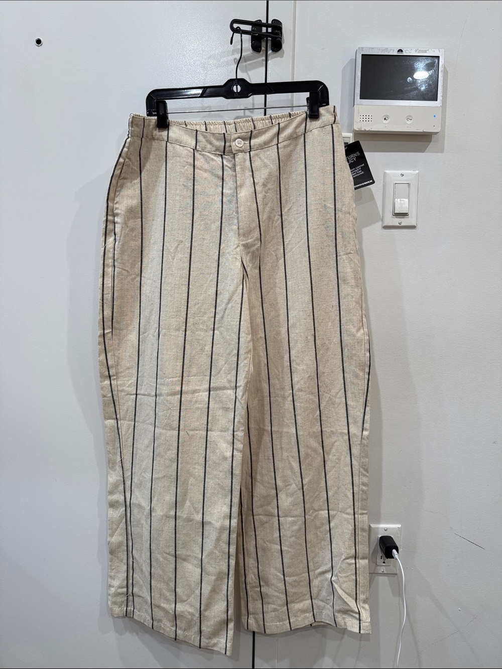 Boohoo Mens Cream Pinstripe Wide-Leg Linen Pants